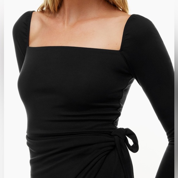 Aritzia Wilfred Saturn Longsleeve Midi Black Dress Size Large Wrap Tie High Low - Picture 2 of 6